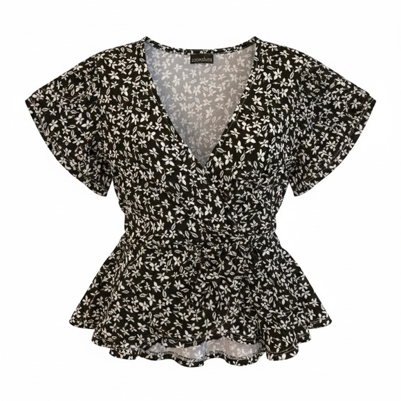 Zenobia Tops - Zenobia Black & White Floral Wrap Blouse – 1XL